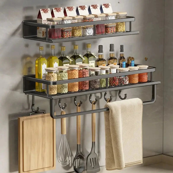 Wall-Mounted Kitchen Shelf & Spice Rack with Hooks