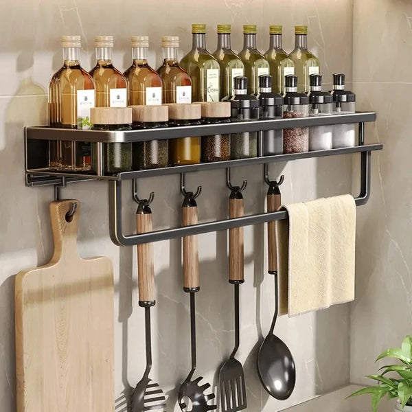 Wall-Mounted Kitchen Shelf & Spice Rack with Hooks