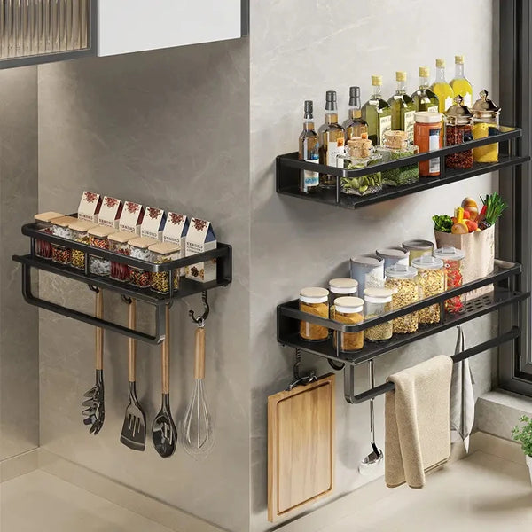 Wall-Mounted Kitchen Shelf & Spice Rack with Hooks
