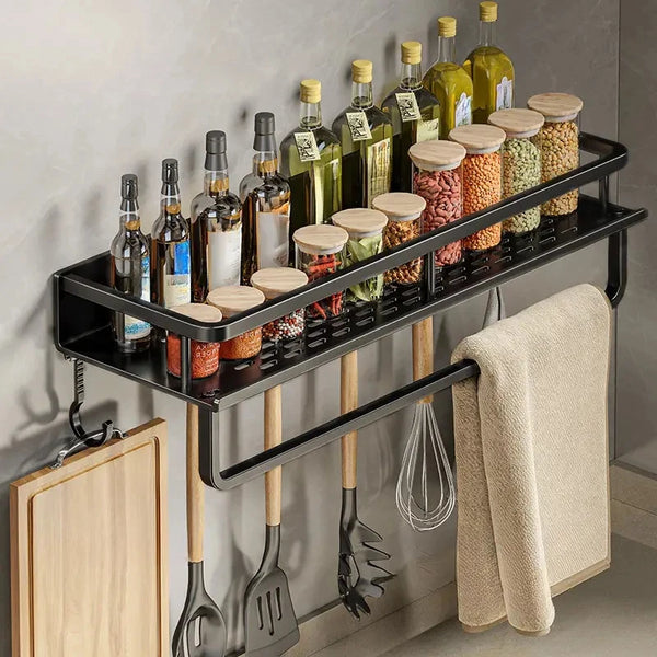 Wall-Mounted Kitchen Shelf & Spice Rack with Hooks